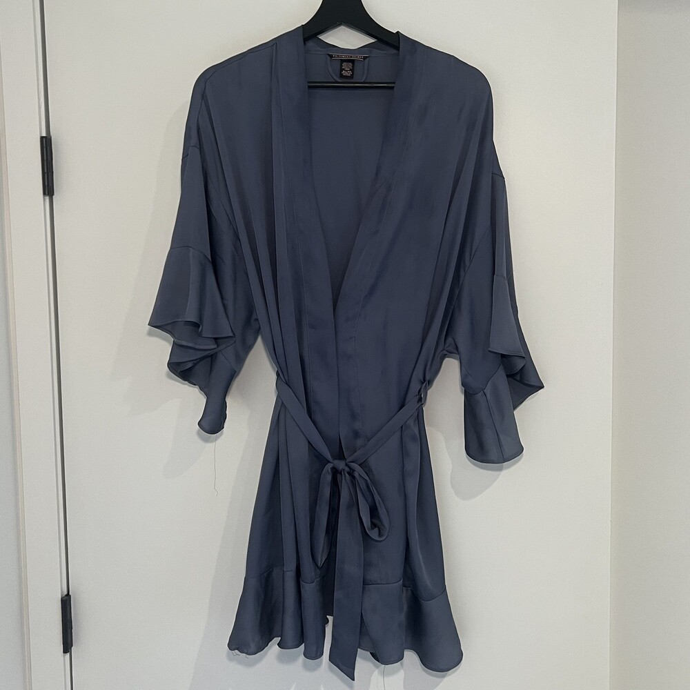 Victoria's Secret Medium/Large Blue Satin Short Robe Ruffle Kimono Lingerie